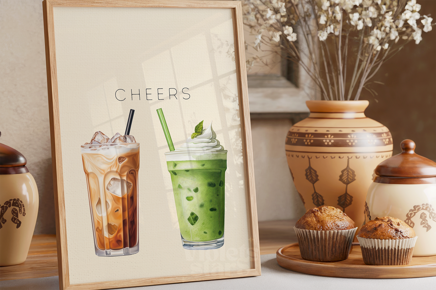 Matcha Latte and Iced Coffee Cheers Print, Kitchen Wall Art Poster