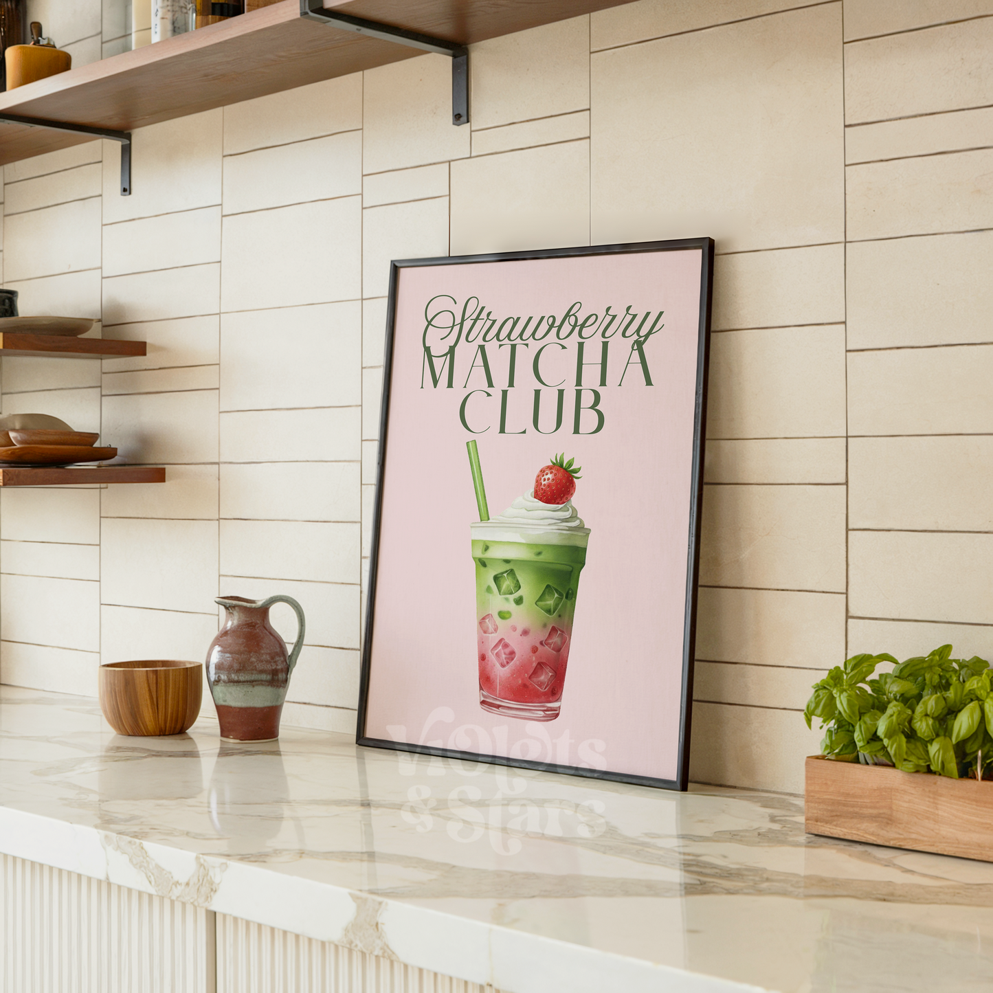 Strawberry Matcha Club Wall Poster | Pink Matcha Kitchen Artwork