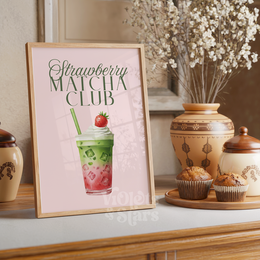 Strawberry Matcha Club Wall Poster | Pink Matcha Kitchen Artwork