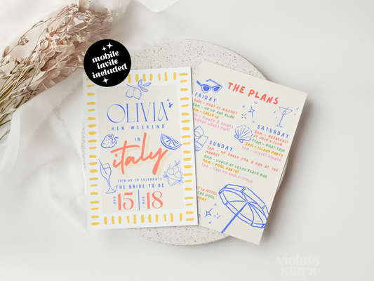 Italian Hen Weekend ,Summer Bachelorette Party | Canva Invitation Template | Digital Download