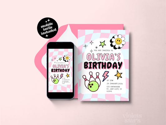 Retro Bowling Birthday Party Invitation Template | Canva Template | Digital Download