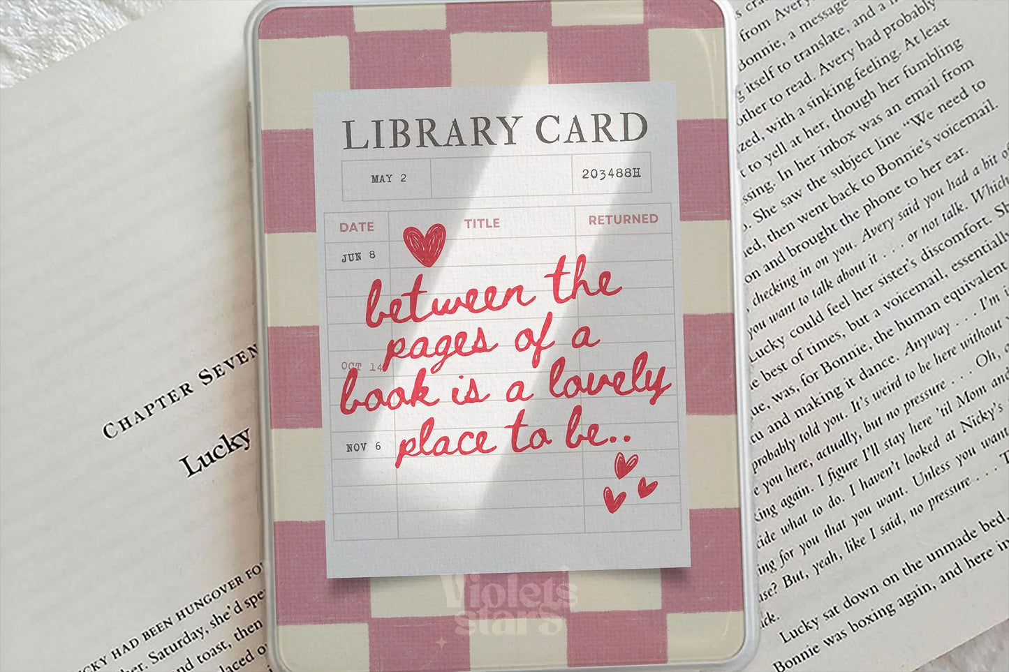 Pink Library Card Kindle Insert | Bookish Printable Checkered Cover  | Digital Download
