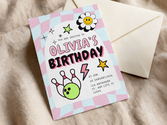 Retro Bowling Birthday Party Invitation Template | Canva Template | Digital Download