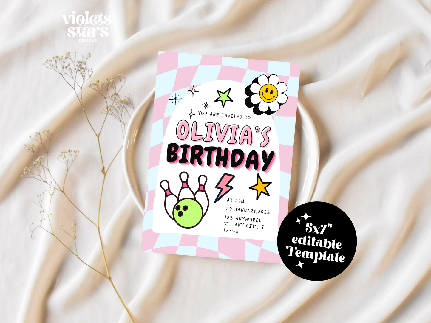 Retro Bowling Birthday Party Invitation Template | Canva Template | Digital Download