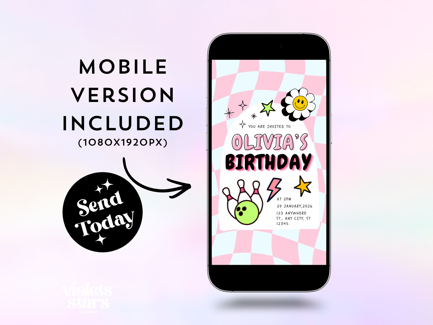 Retro Bowling Birthday Party Invitation Template | Canva Template | Digital Download