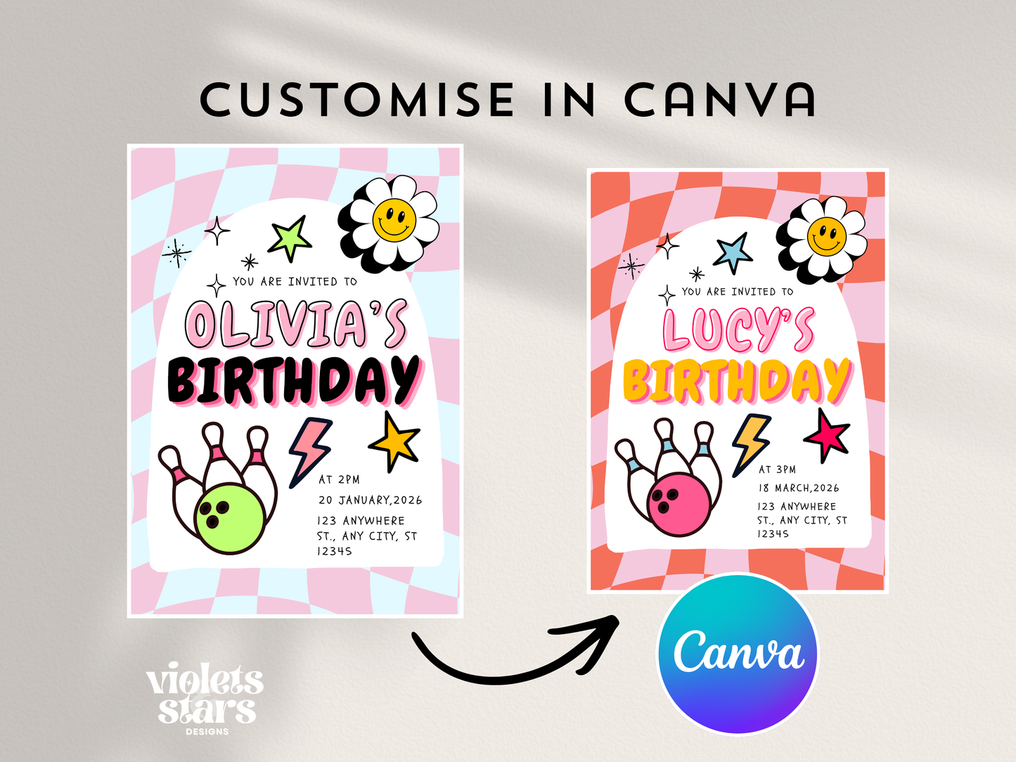 Retro Bowling Birthday Party Invitation Template | Canva Template | Digital Download