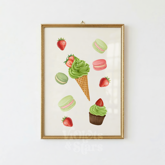 Framed artwork of a green ice cream cone with strawberries and macarons on a white background