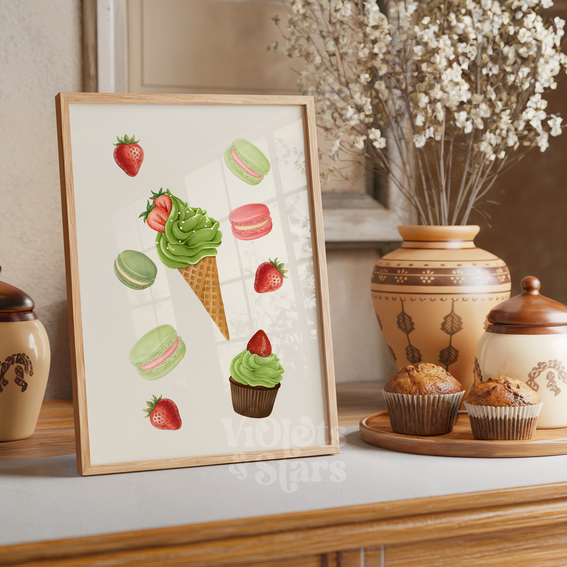 Framed artwork of ice cream cones, macarons, and strawberries on a shelf with decorative items.