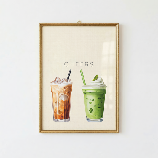 Matcha Latte and Iced Coffee Cheers Print, Kitchen Wall Art Poster