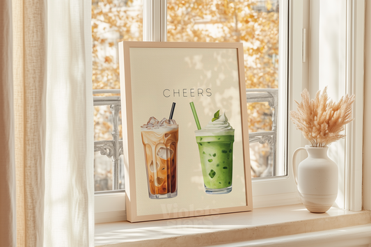 Matcha Latte and Iced Coffee Cheers Print, Kitchen Wall Art Poster