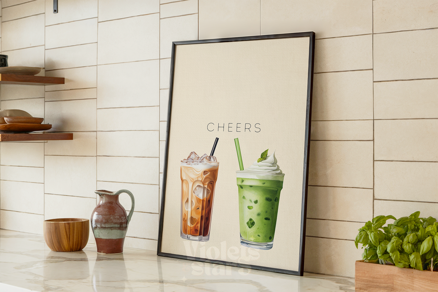 Matcha Latte and Iced Coffee Cheers Print, Kitchen Wall Art Poster