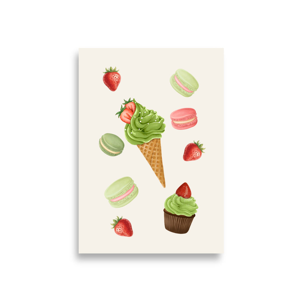 Illustration of Matcha ice cream cone, macarons, and strawberries on a white background