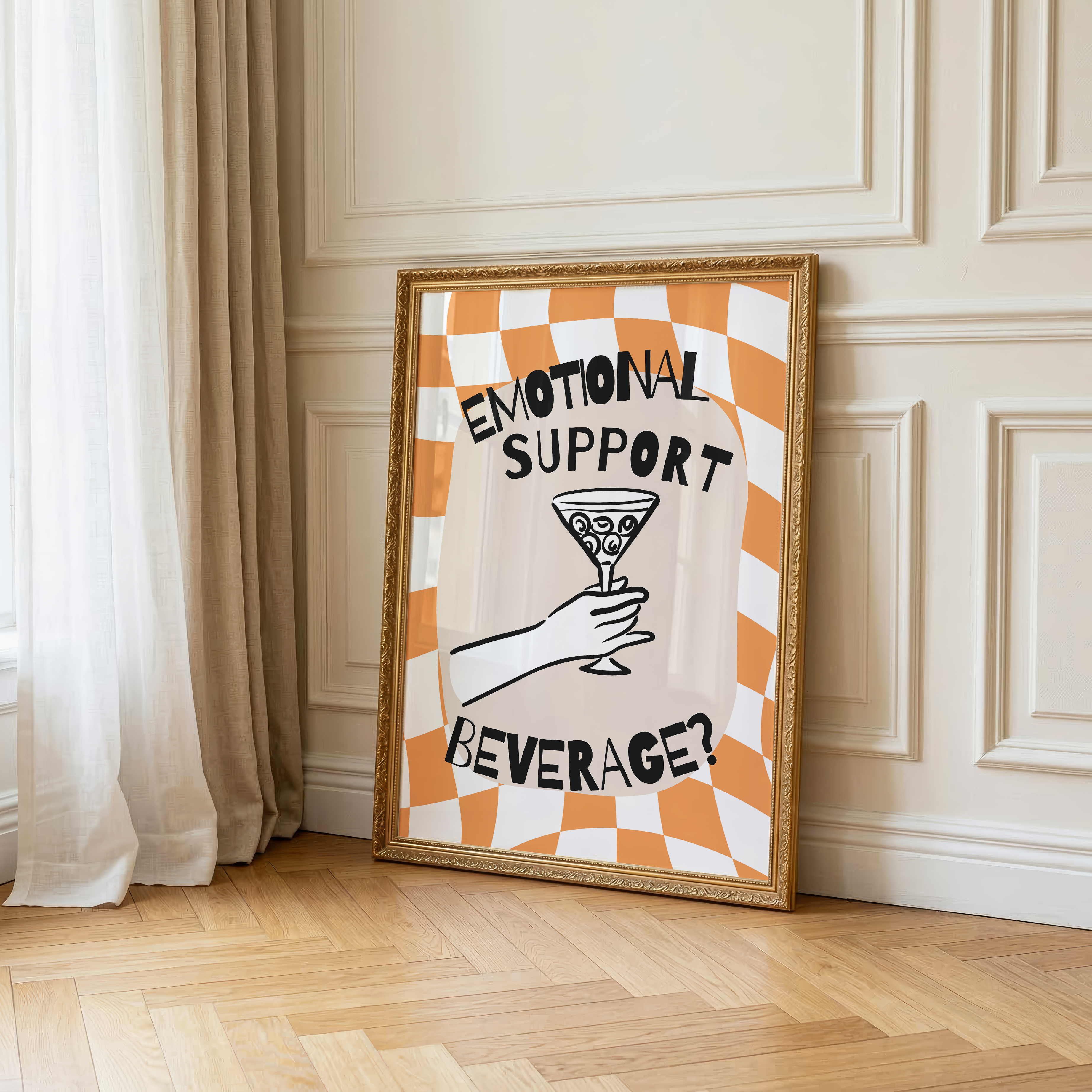 Emotional Support Beverage, Fun Drinks Poster, Bar Cart Dopamine Decor Colourful Quote Print, Fun Home Artwork Poster - Orange Checkered