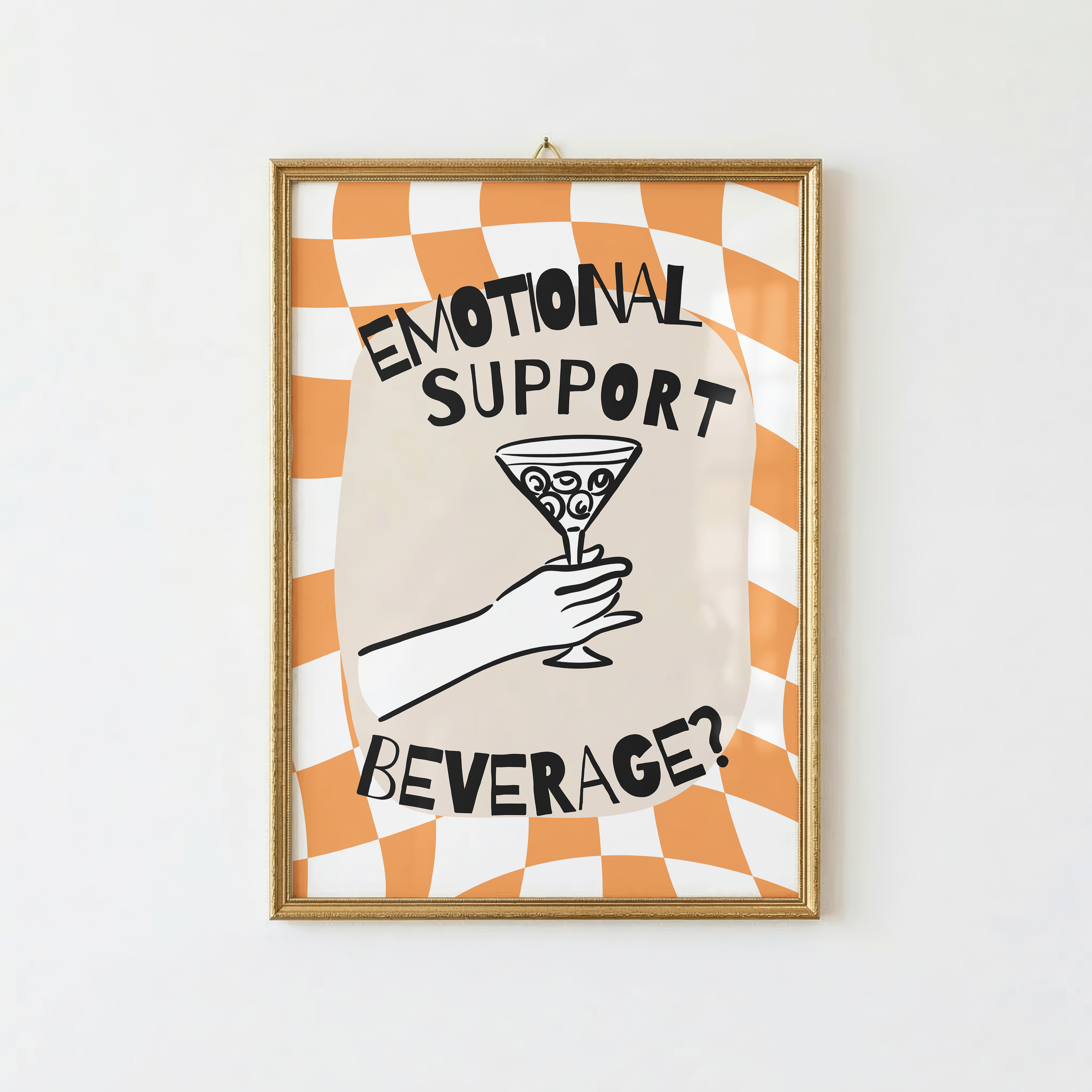 Emotional Support Beverage, Fun Drinks Poster, Bar Cart Dopamine Decor Colourful Quote Print, Fun Home Artwork Poster - Orange Checkered