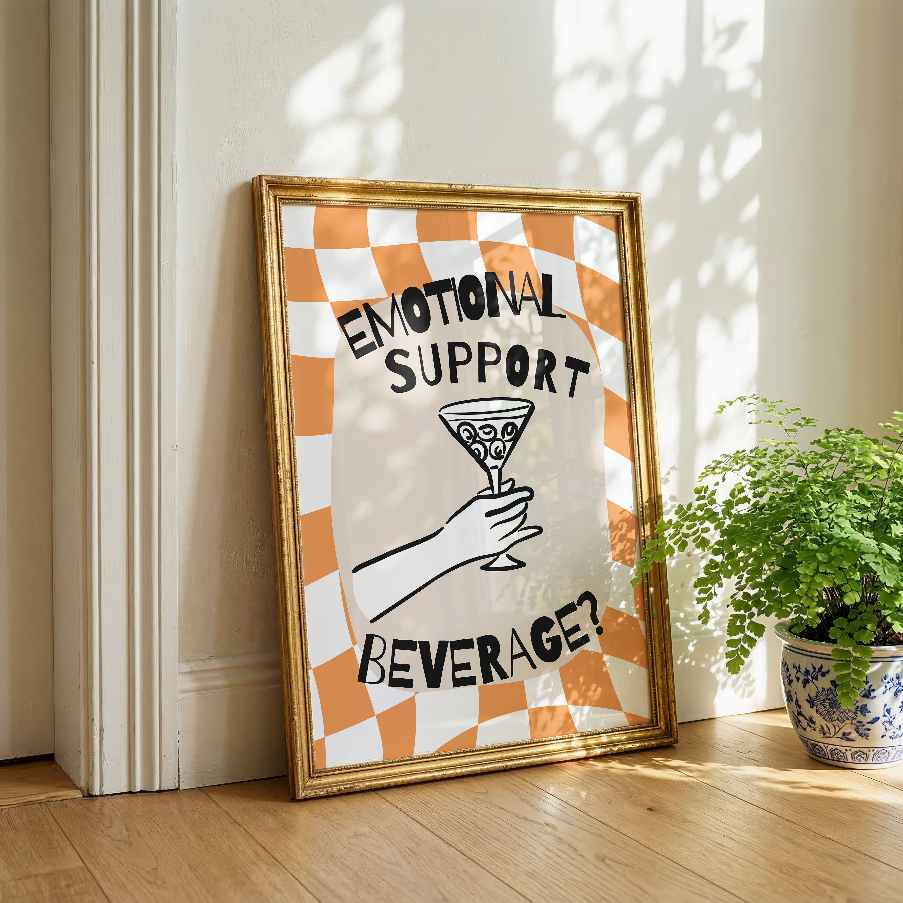 Emotional Support Beverage, Fun Drinks Poster, Bar Cart Dopamine Decor Colourful Quote Print, Fun Home Artwork Poster - Orange Checkered
