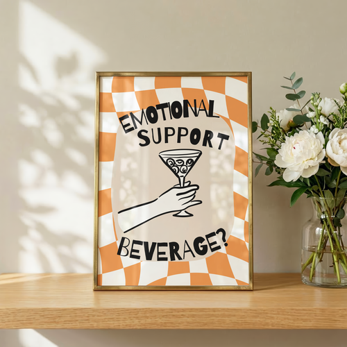 Emotional Support Beverage, Fun Drinks Poster, Bar Cart Dopamine Decor Colourful Quote Print, Fun Home Artwork Poster - Orange Checkered