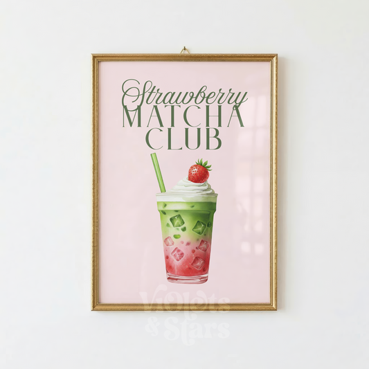 Strawberry Matcha Club Wall Poster | Pink Matcha Kitchen Artwork